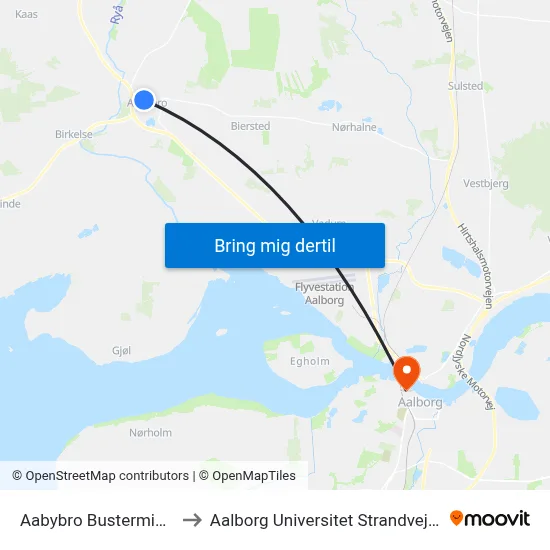Aabybro Busterminal to Aalborg Universitet Strandvejen map