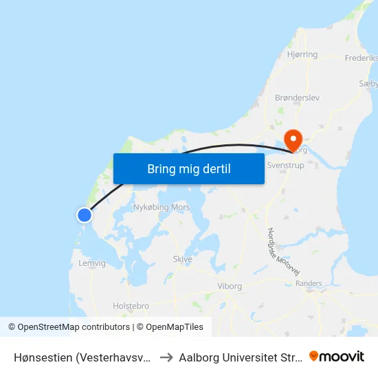Hønsestien (Vesterhavsvej / Agger) to Aalborg Universitet Strandvejen map