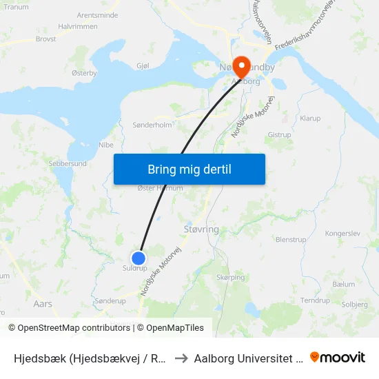Hjedsbæk (Hjedsbækvej / Rebild Kommune) to Aalborg Universitet Strandvejen map