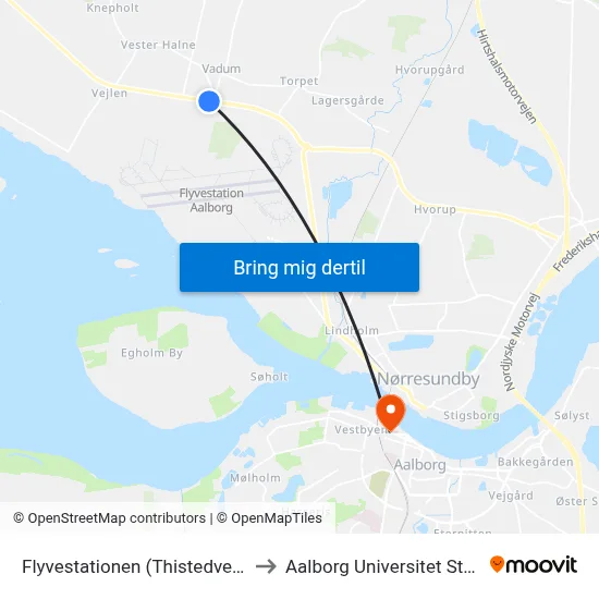 Flyvestationen (Thistedvej / Vadum) to Aalborg Universitet Strandvejen map