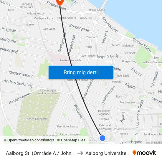 Aalborg St. (Område A / John F. Kennedys Plads) to Aalborg Universitet Strandvejen map