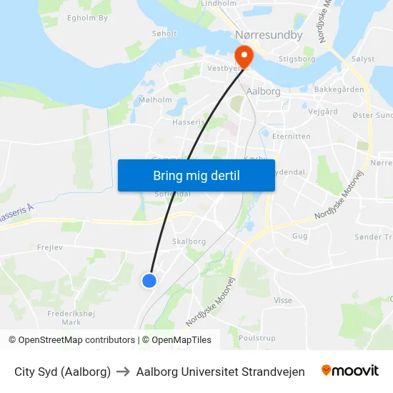 City Syd (Aalborg) to Aalborg Universitet Strandvejen map