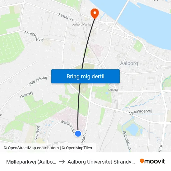 Mølleparkvej (Aalborg) to Aalborg Universitet Strandvejen map