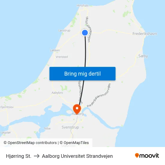 Hjørring St. to Aalborg Universitet Strandvejen map