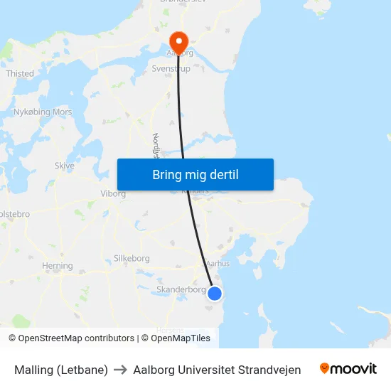Malling (Letbane) to Aalborg Universitet Strandvejen map