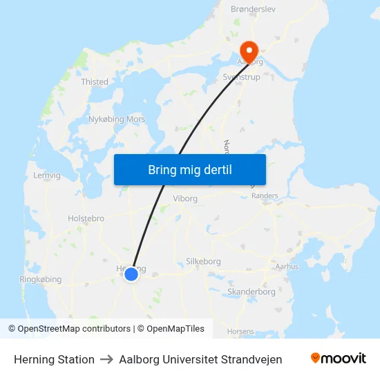 Herning Station to Aalborg Universitet Strandvejen map