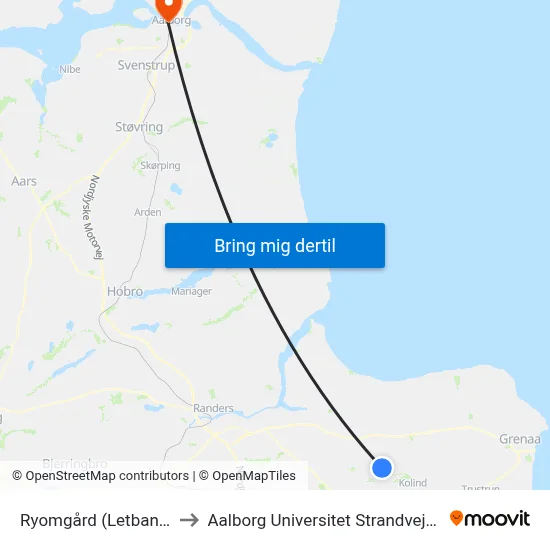 Ryomgård (Letbane) to Aalborg Universitet Strandvejen map
