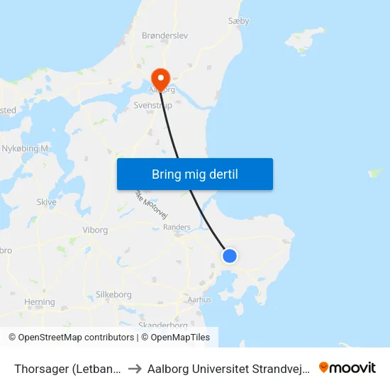 Thorsager (Letbane) to Aalborg Universitet Strandvejen map