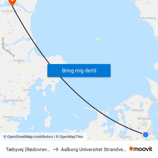 Tæbyvej (Rødovrevej) to Aalborg Universitet Strandvejen map