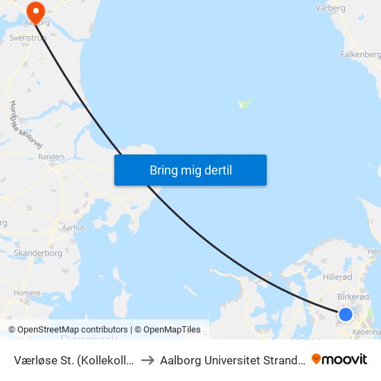 Værløse St. (Kollekollevej) to Aalborg Universitet Strandvejen map