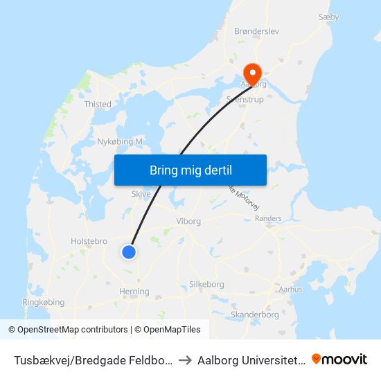 Tusbækvej/Bredgade Feldborg (Herning Kom) to Aalborg Universitet Strandvejen map