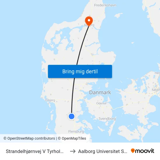 Strandelhjørnvej V Tyrholmvej (Vojens) to Aalborg Universitet Strandvejen map