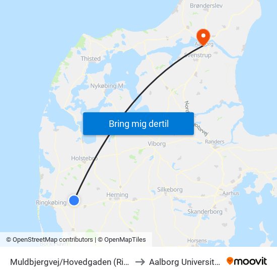 Muldbjergvej/Hovedgaden (Ringkøbing-Skjern Kom) to Aalborg Universitet Strandvejen map