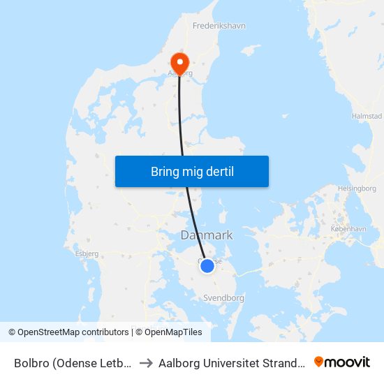 Bolbro (Odense Letbane) to Aalborg Universitet Strandvejen map