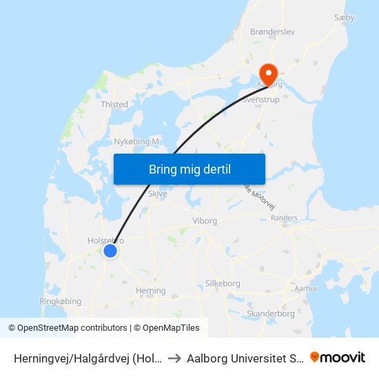 Herningvej/Halgårdvej (Holstebro Kom) to Aalborg Universitet Strandvejen map
