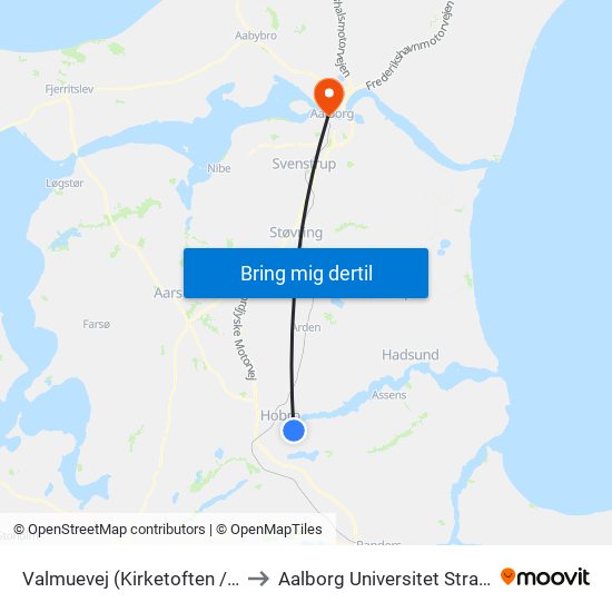 Valmuevej (Kirketoften / Hobro) to Aalborg Universitet Strandvejen map