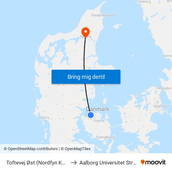 Toftevej Øst (Nordfyn Kommune) to Aalborg Universitet Strandvejen map