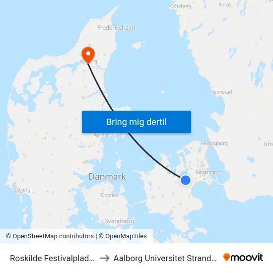 Roskilde Festivalplads St. to Aalborg Universitet Strandvejen map
