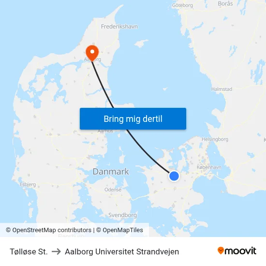 Tølløse St. to Aalborg Universitet Strandvejen map