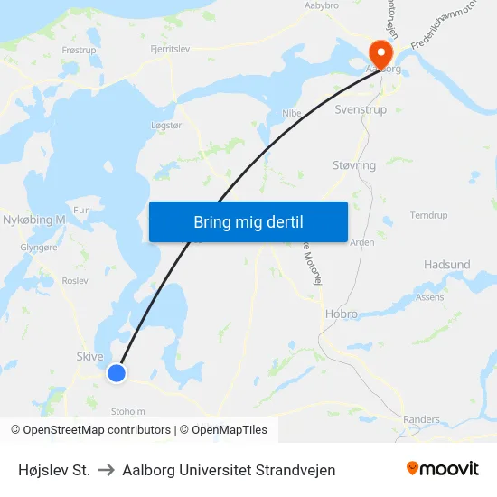 Højslev St. to Aalborg Universitet Strandvejen map