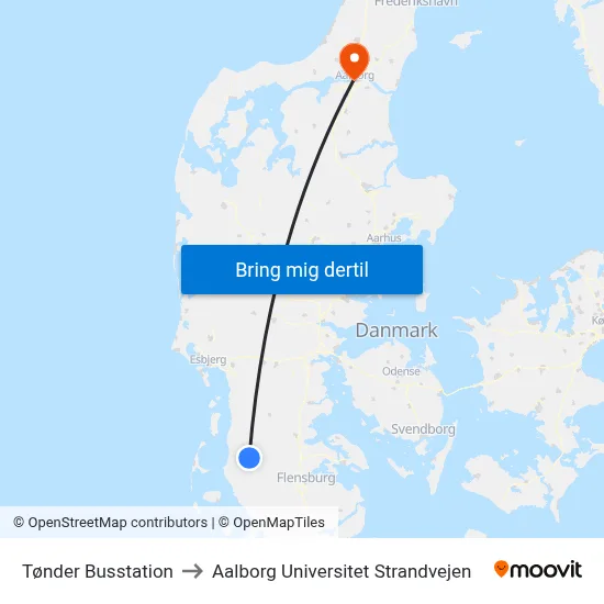 Tønder Busstation to Aalborg Universitet Strandvejen map