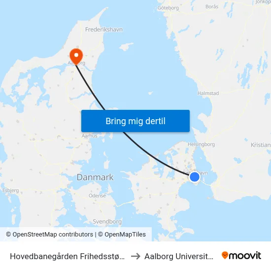 Hovedbanegården Frihedsstøtten (Vesterbrogade) to Aalborg Universitet Strandvejen map