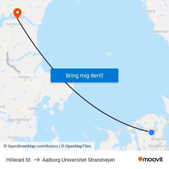 Hillerød St. to Aalborg Universitet Strandvejen map