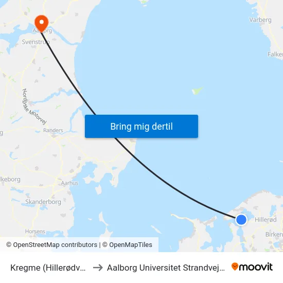 Kregme (Hillerødvej) to Aalborg Universitet Strandvejen map