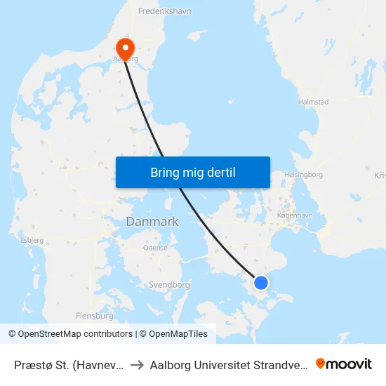 Præstø St. (Havnevej) to Aalborg Universitet Strandvejen map