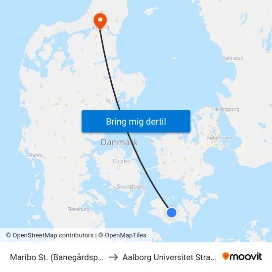 Maribo St. (Banegårdspladsen) to Aalborg Universitet Strandvejen map