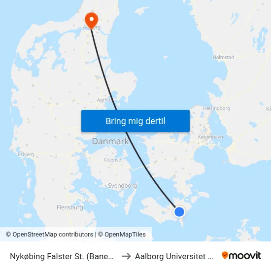 Nykøbing Falster St. (Banegårdspladsen) to Aalborg Universitet Strandvejen map