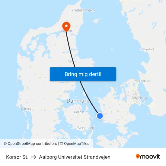 Korsør St. to Aalborg Universitet Strandvejen map