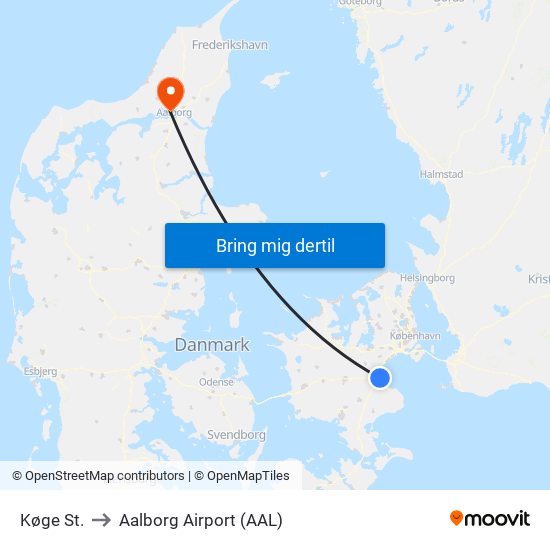 Køge St. to Aalborg Airport (AAL) map