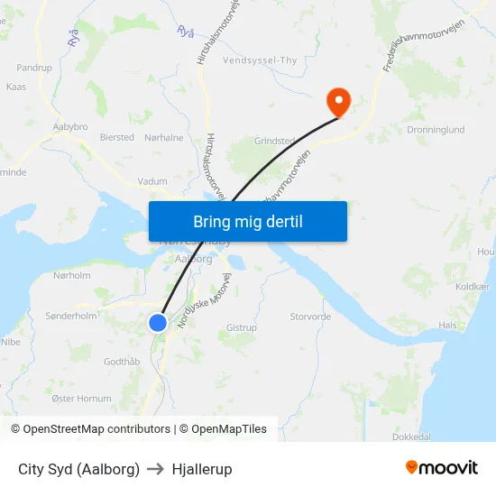 City Syd (Aalborg) to Hjallerup map