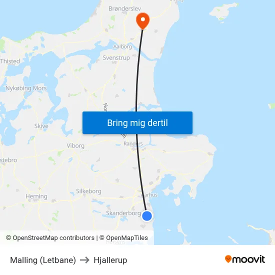 Malling (Letbane) to Hjallerup map