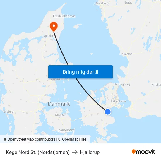 Køge Nord St. (Nordstjernen) to Hjallerup map