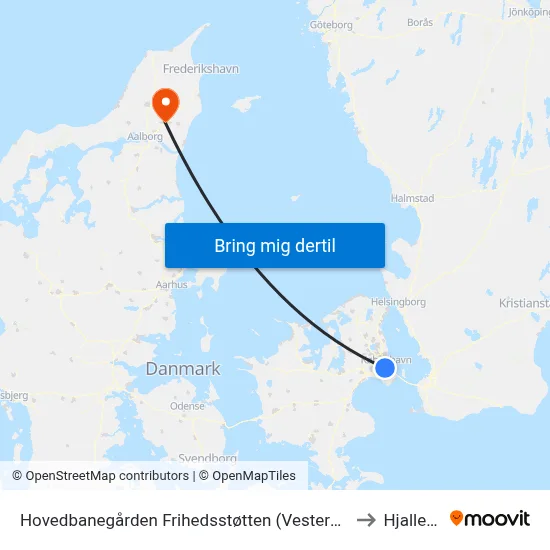 Hovedbanegården Frihedsstøtten (Vesterbrogade) to Hjallerup map