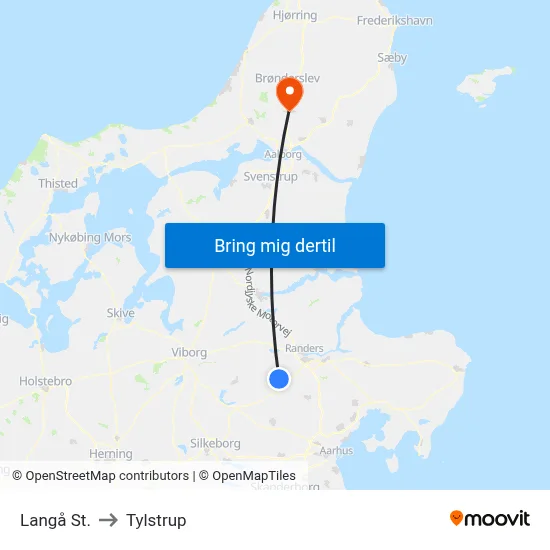 Langå St. to Tylstrup map