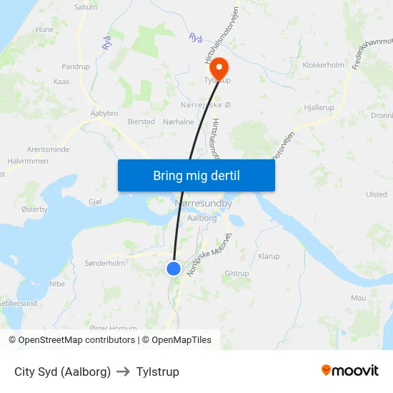 City Syd (Aalborg) to Tylstrup map