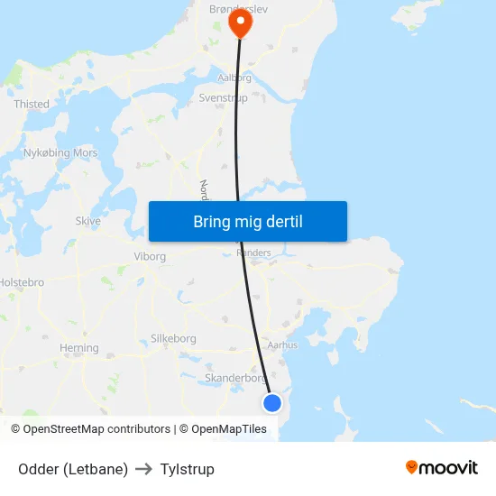 Odder (Letbane) to Tylstrup map