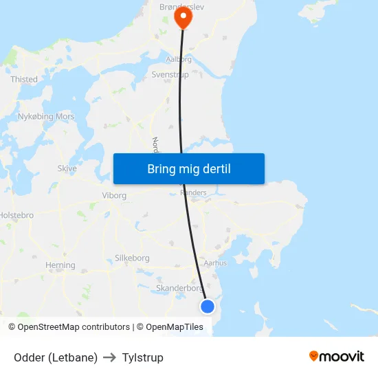 Odder (Letbane) to Tylstrup map