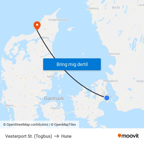 Vesterport St. (Togbus) to Hune map