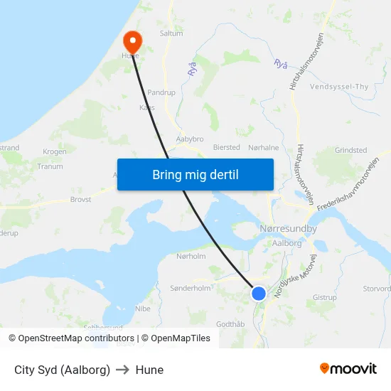 City Syd (Aalborg) to Hune map