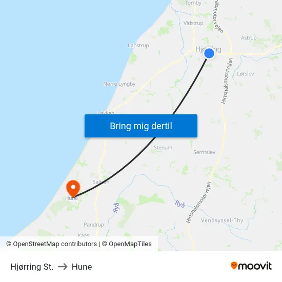 Hjørring St. to Hune map