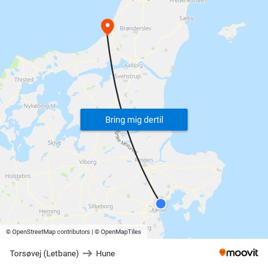 Torsøvej (Letbane) to Hune map