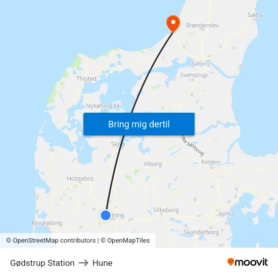 Gødstrup Station to Hune map