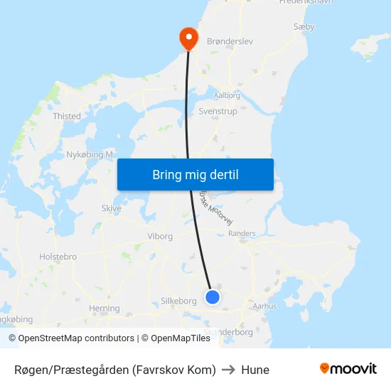 Røgen/Præstegården (Favrskov Kom) to Hune map