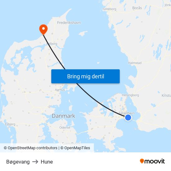 Bøgevang to Hune map