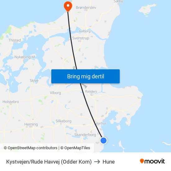 Kystvejen/Rude Havvej (Odder Kom) to Hune map