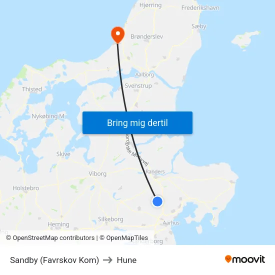 Sandby (Favrskov Kom) to Hune map